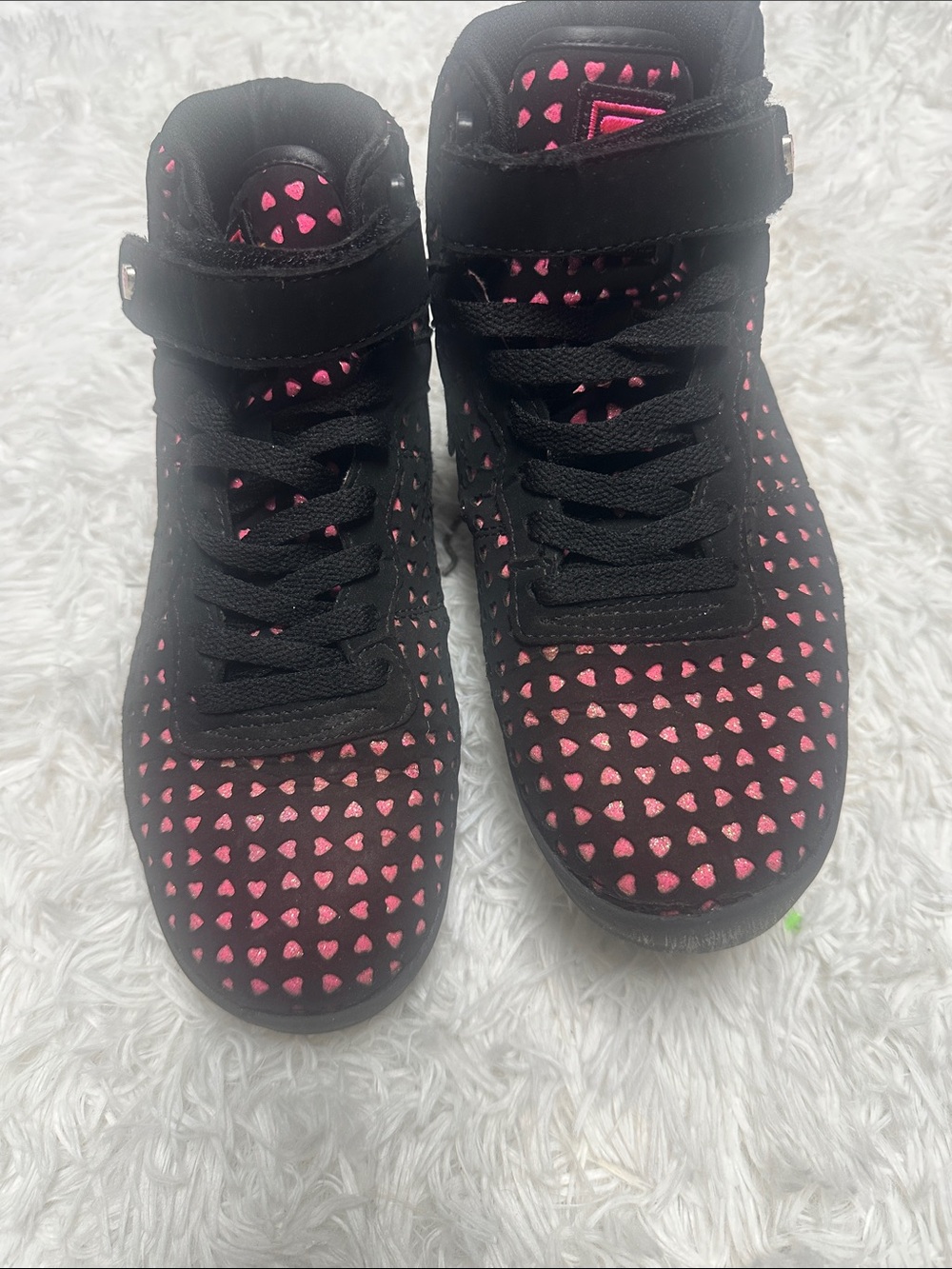 Fila Kids High-Top Sneakers in Black with Pink Heart Accent